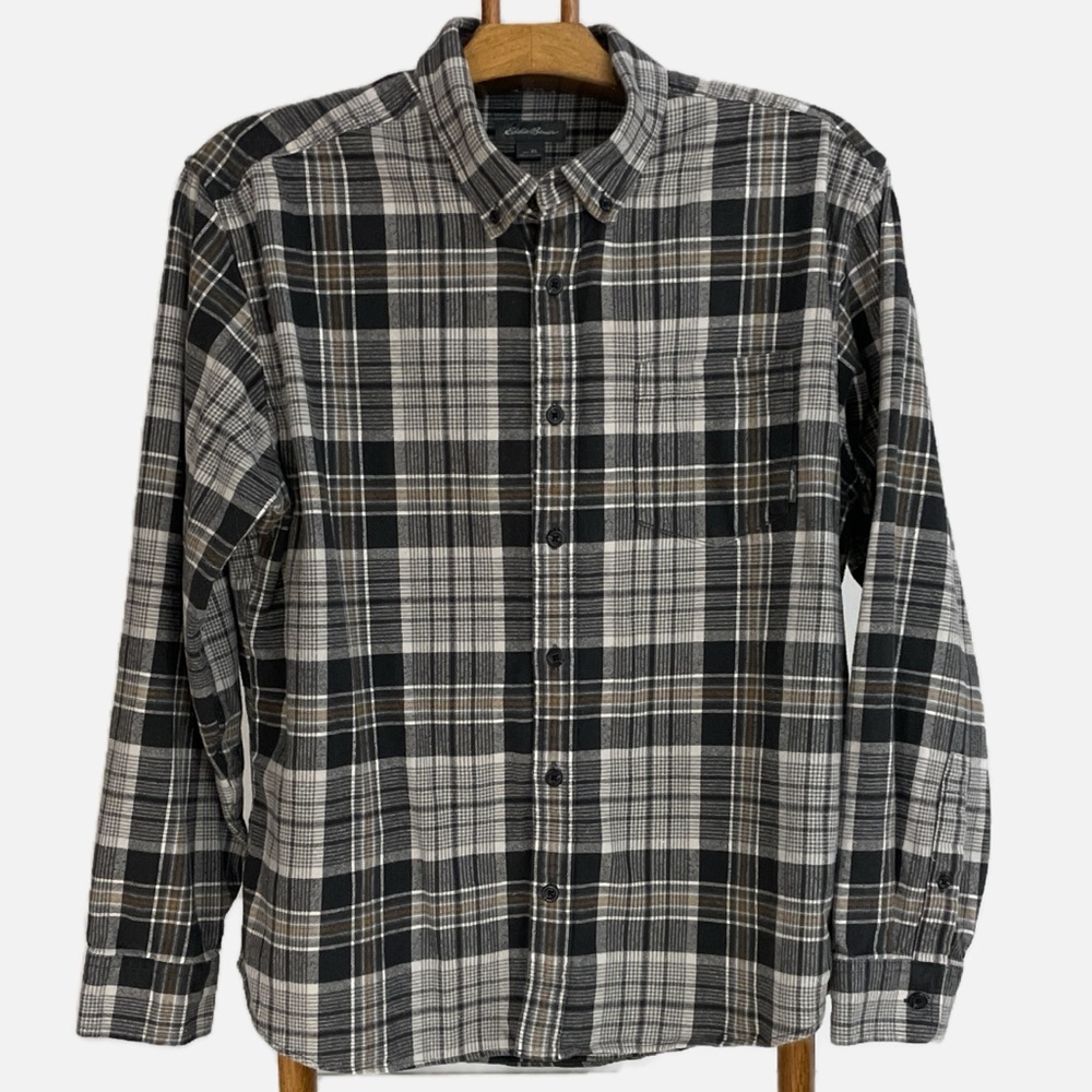 Eddie Bauer Men’s Flannel Plaid‎ Button Down Shirt Size XL Brown Gray
